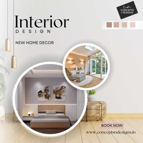 An image promoting interior design services from Concepts & Designs. It showcases two circular images highlighting modern bedroom and living room designs with neutral color palettes and stylish furniture. The text